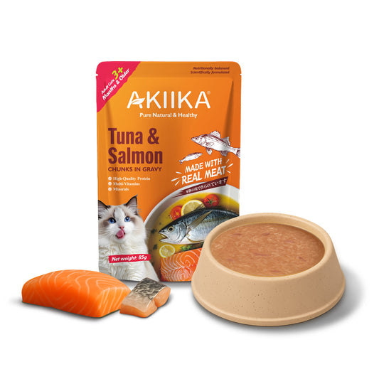 AKIIKA Tuna & Salmon Chunks in Gravy Natural Cat Wet Food 85g