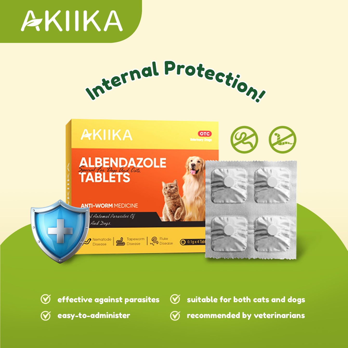 AKIIKA 4pcs Albendazole Tablets 0.1g in one box